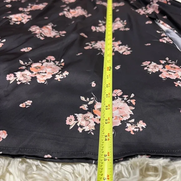 Pinch Women’s Black Satin Smoked Maxi Slit Floral Long Sleeve V Neck Dress Med - Picture 5 of 15